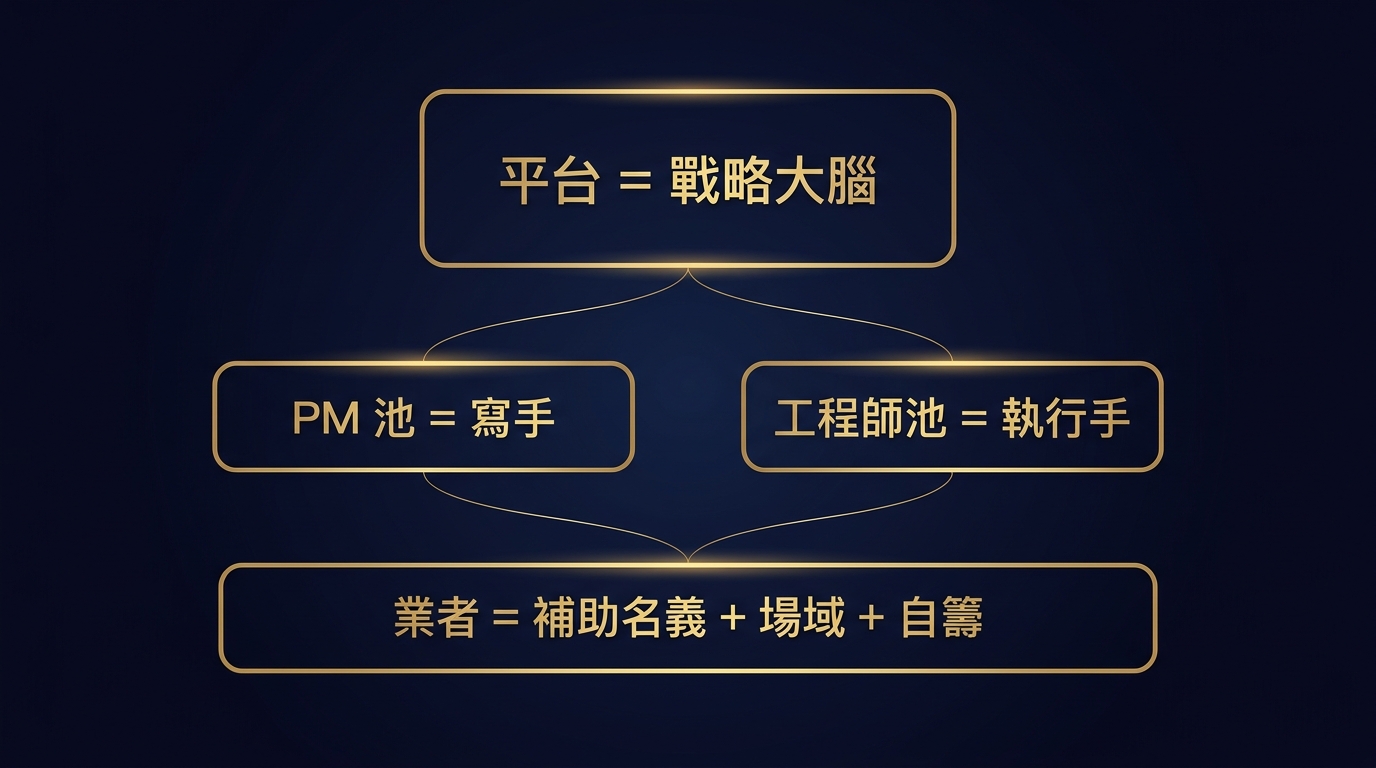 平台=戰略大腦、PM 池=寫手、工程師池=執行手、業者=補助名義+場域+自籌