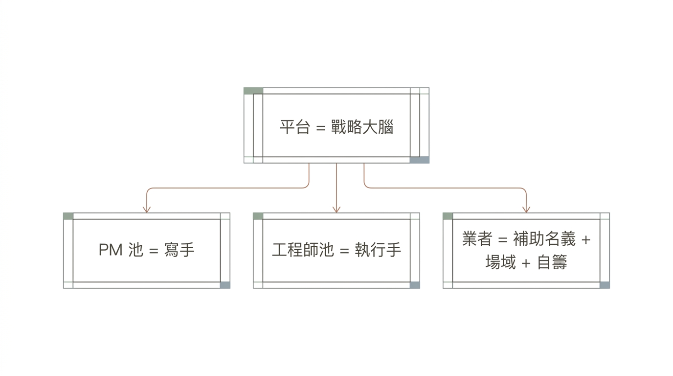 平台=戰略大腦、PM 池=寫手、工程師池=執行手、業者=補助名義+場域+自籌